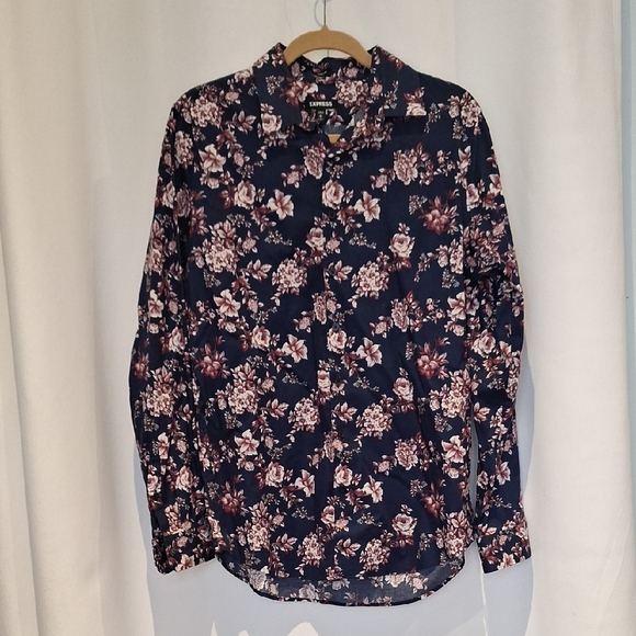 Express Navy and Pink Floral Shirt Extra Slim Size M - Picture 1 of 9